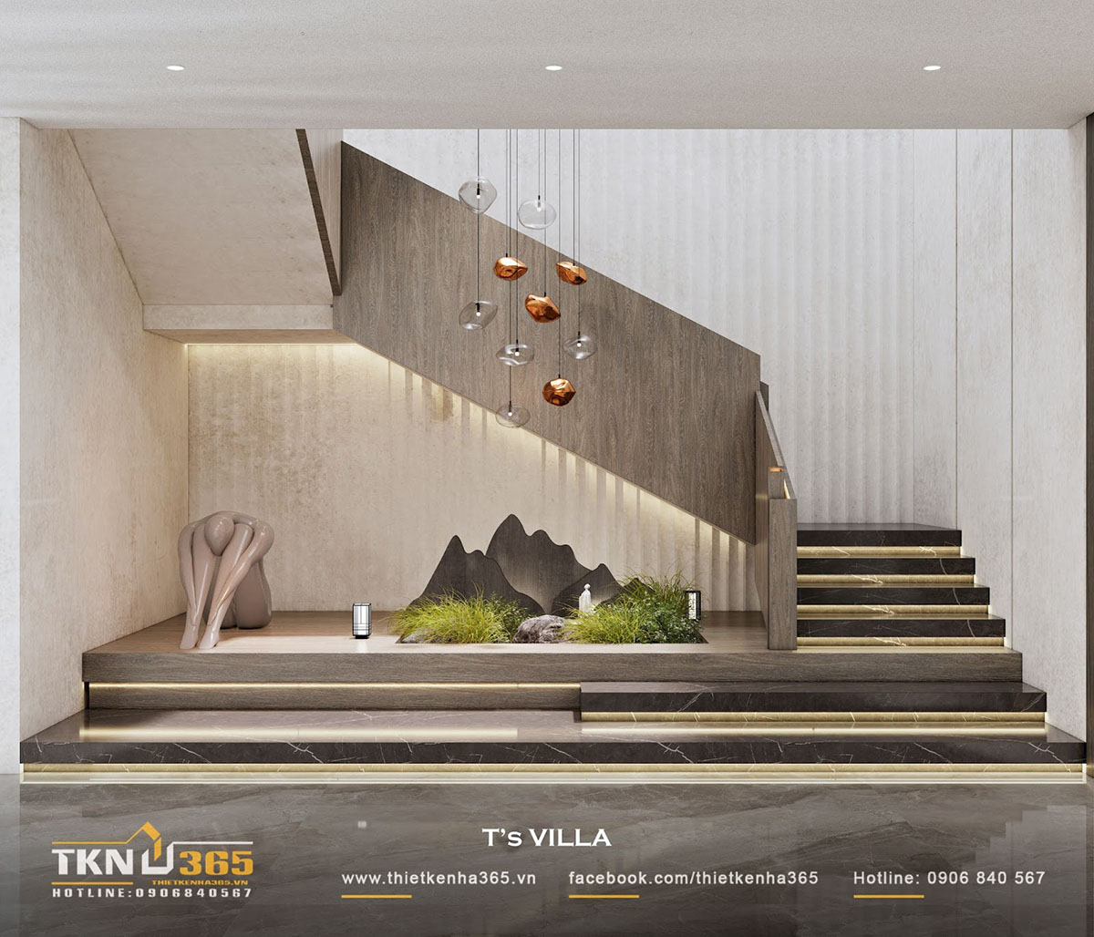 Khu vực cầu thang phân chia không gian chung ở tầng một và khu vực riêng tư ở tầng hai Khu vực cầu thang phân chia không gian chung ở tầng một và khu vực riêng tư ở tầng hai