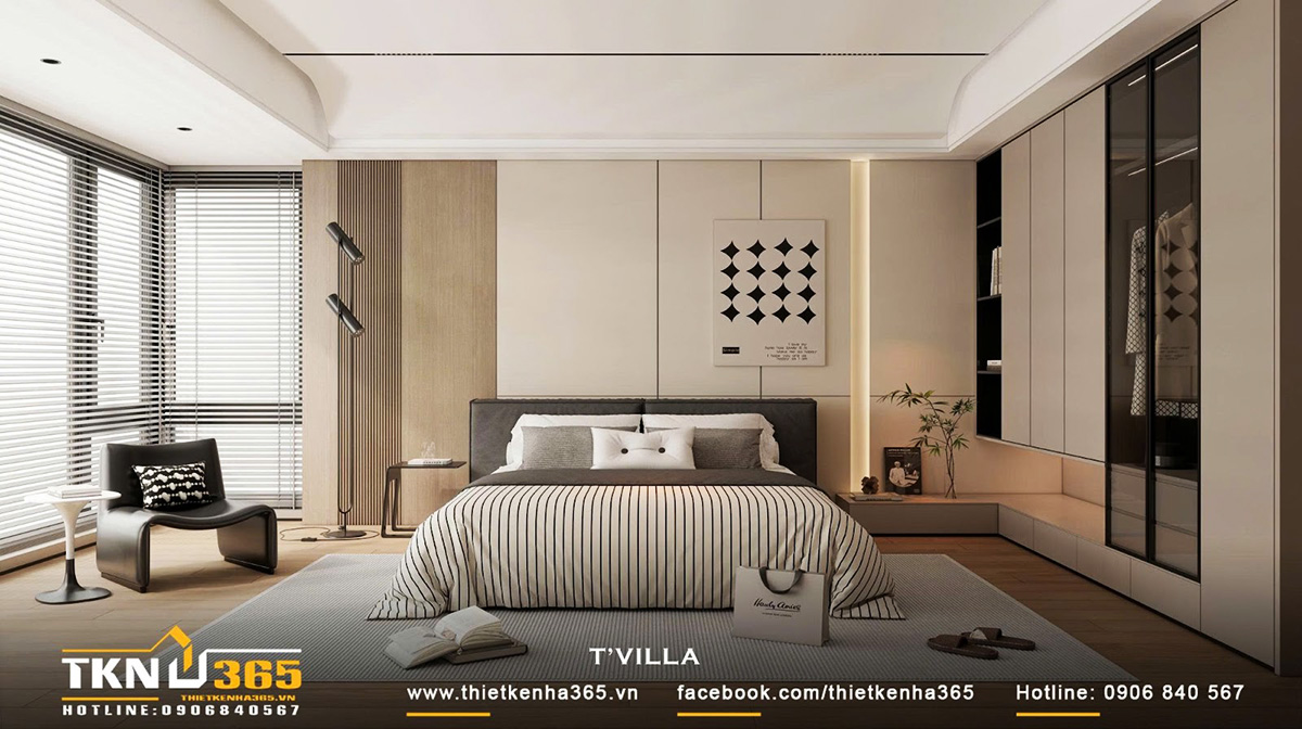 Không gian phòng ngủ thứ hai thiết kế tinh giản, hiện đại với gam màu trung tính và điểm nhấn gỗ ấm áp, tạo nên bầu không khí thư giãn nhẹ nhàng Không gian phòng ngủ thứ hai thiết kế tinh giản, hiện đại với gam màu trung tính và điểm nhấn gỗ ấm áp, tạo nên bầu không khí thư giãn nhẹ nhàng