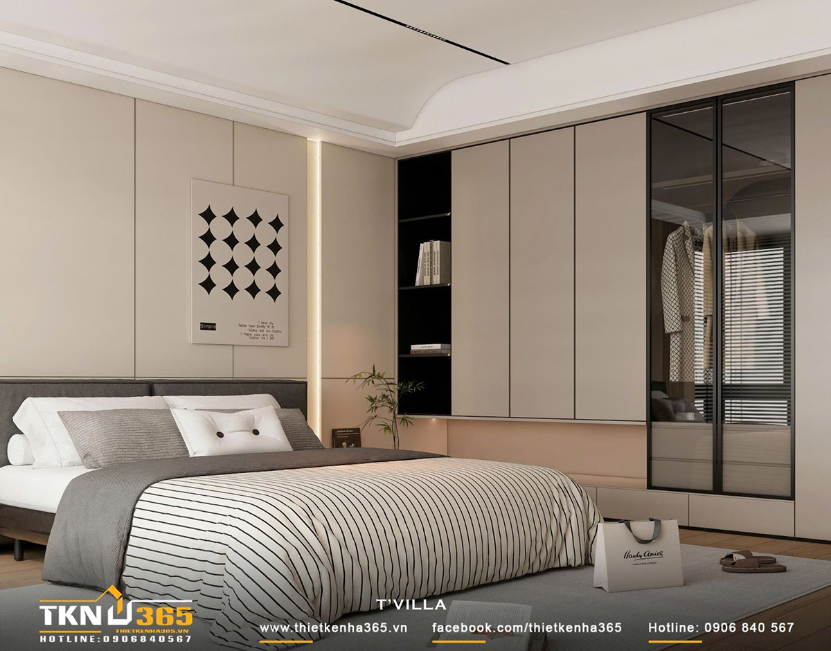 Giường ngủ đặt ở trung tâm, kết hợp tủ âm tường phẳng mịn cùng cánh kính trong suốt, mang lại sự gọn gàng và sang trọng Giường ngủ đặt ở trung tâm, kết hợp tủ âm tường phẳng mịn cùng cánh kính trong suốt, mang lại sự gọn gàng và sang trọng
