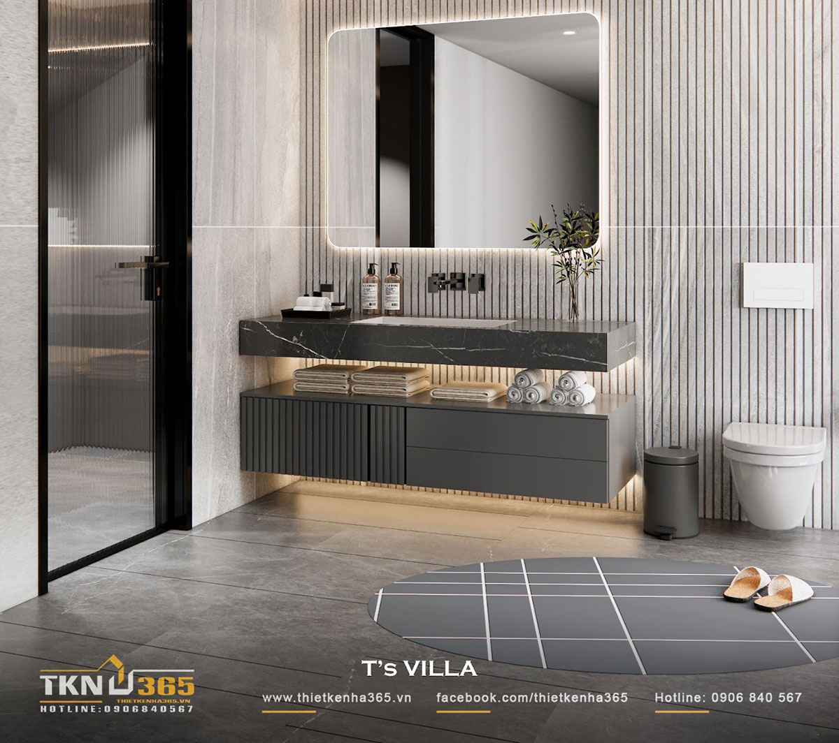 Hệ lavabo bằng đá đen kết hợp tủ treo phẳng gọn, đèn led âm hắt tinh tế, giữ cho không gian vừa sang trọng vừa tiện nghi Hệ lavabo bằng đá đen kết hợp tủ treo phẳng gọn, đèn led âm hắt tinh tế, giữ cho không gian vừa sang trọng vừa tiện nghi