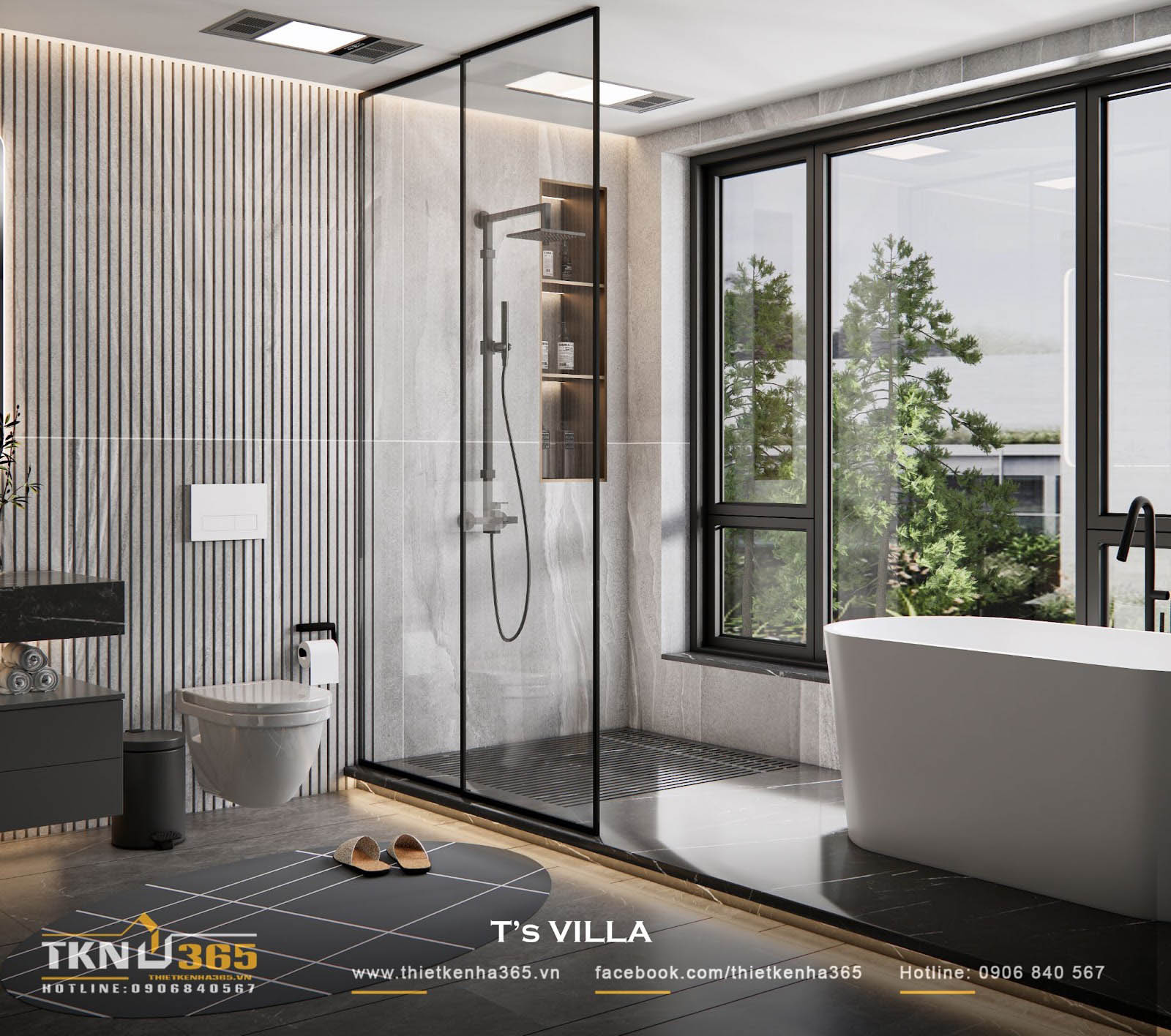 Vách kính trong suốt phân chia khô - ướt rõ ràng, mở rộng tầm nhìn ra khoảng xanh bên ngoài, mang đến cảm giác thư giãn như spa tại gia Vách kính trong suốt phân chia khô - ướt rõ ràng, mở rộng tầm nhìn ra khoảng xanh bên ngoài, mang đến cảm giác thư giãn như spa tại gia