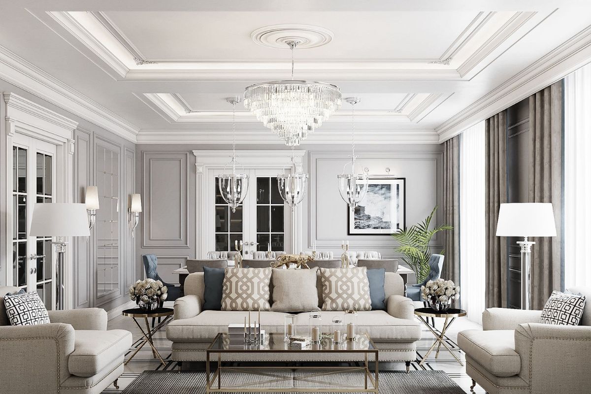 Cùng chức năng là trần nhà nhưng mỗi phong cách thiết kế sẽ có cách thể hiện khác nhau: trần cổ điển với phào chỉ trang trí tinh xảo… (Ảnh: Sưu tầm)