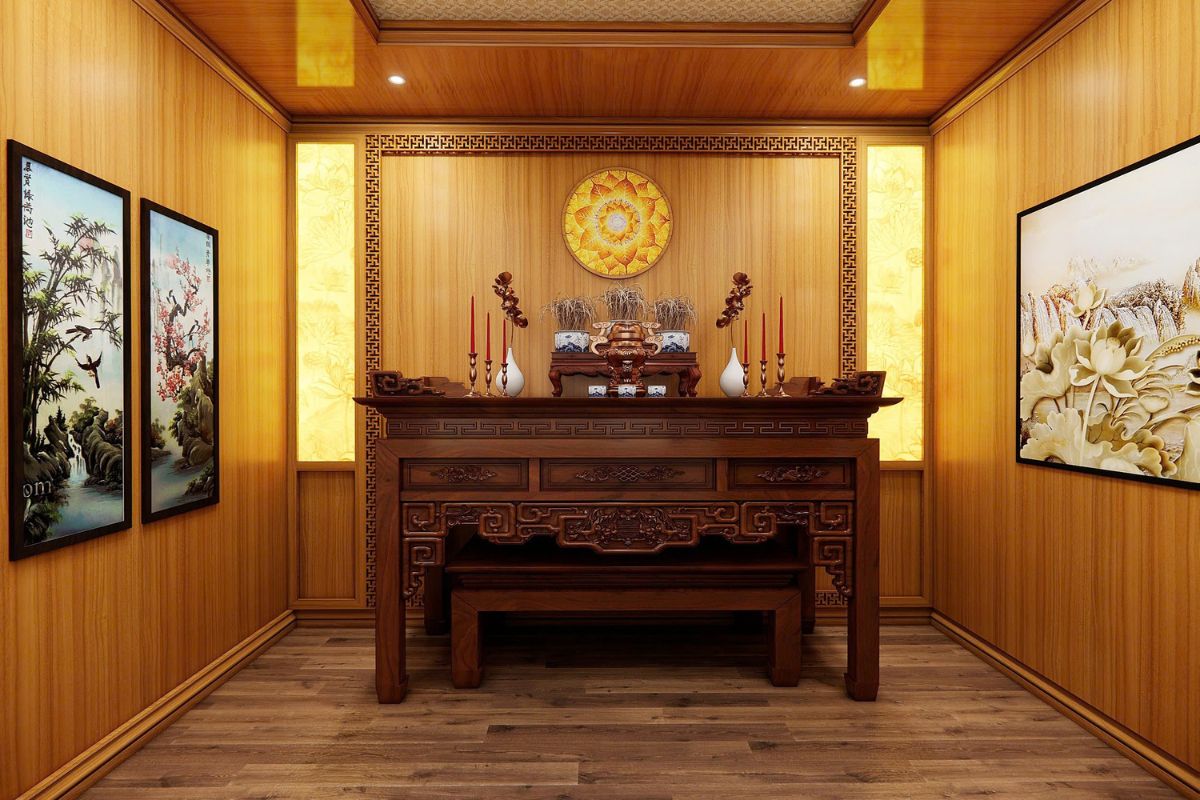 Giữa bàn thờ và tường nên duy trì khoảng cách hợp lý để năng lượng vận hành hài hòa, giúp gia chủ dễ dàng vệ sinh sạch sẽ không gian thờ cúng (Ảnh: Sưu tầm)