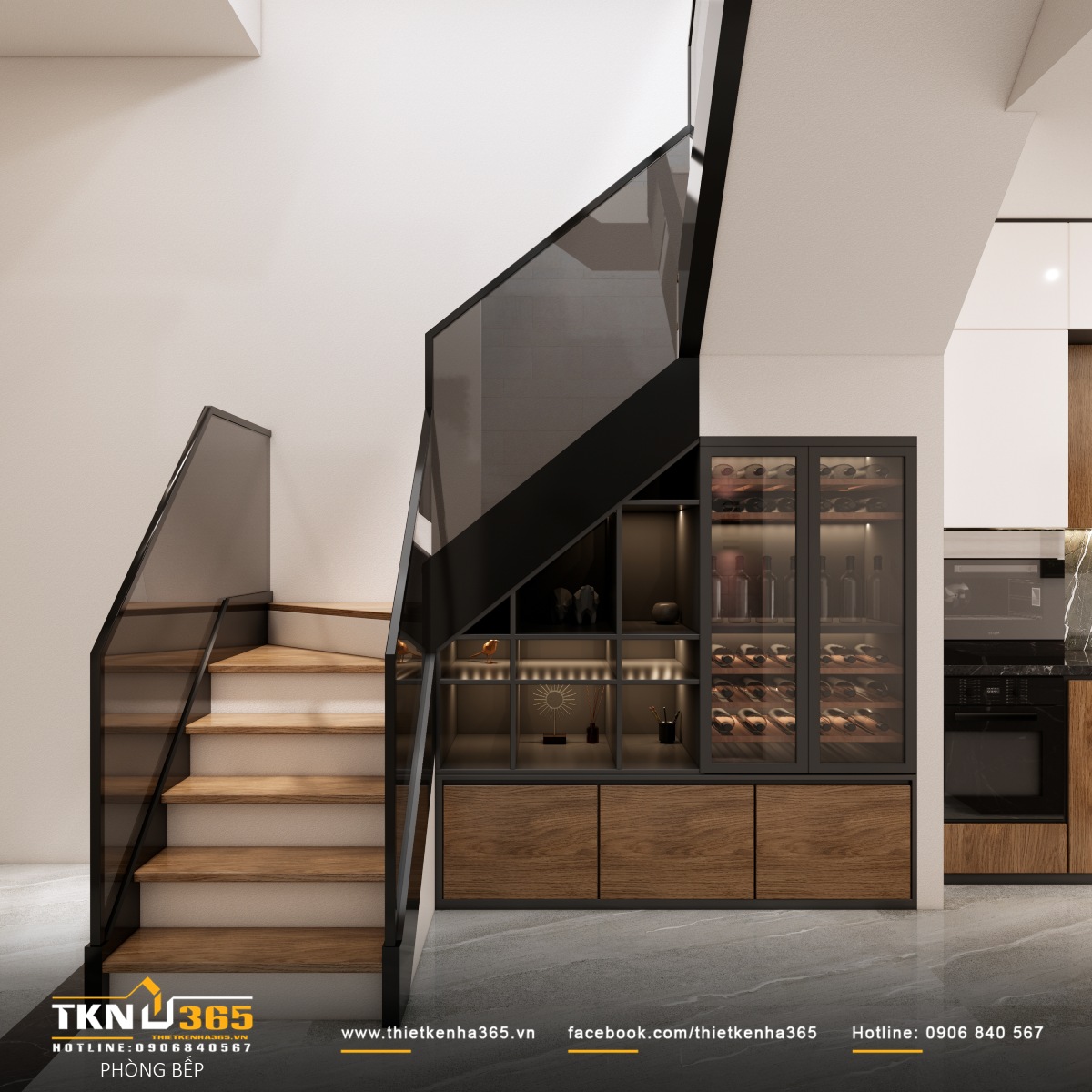 Tận dụng hiệu quả không gian dưới cầu thang nhờ cách thiết kế tủ âm tường thông minh và khéo léo.
