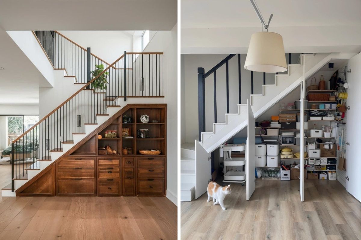 Tận dụng gầm cầu thang để bố trí tủ lưu trữ và kệ đồ (Ảnh: Sưu tầm)