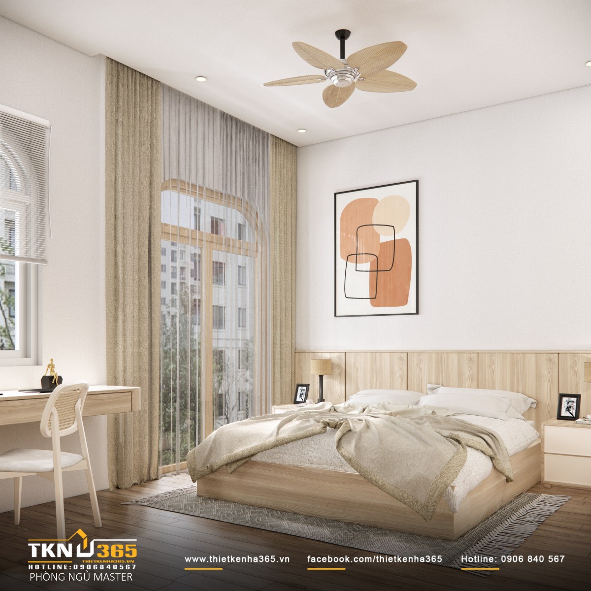 Sử dụng rèm hai lớp vừa giúp điều chỉnh ánh sáng, vừa là cách bảo quản đồ gỗ tối ưu cho phòng ngủ