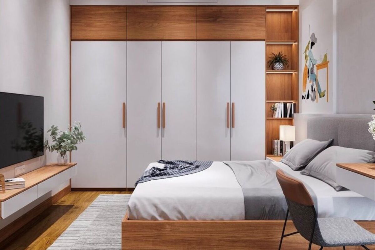 Tủ quần áo kịch trần phối màu trắng và vân gỗ mang đến vẻ đẹp trẻ trung, sáng sủa và hài hòa cho phòng ngủ hiện đại