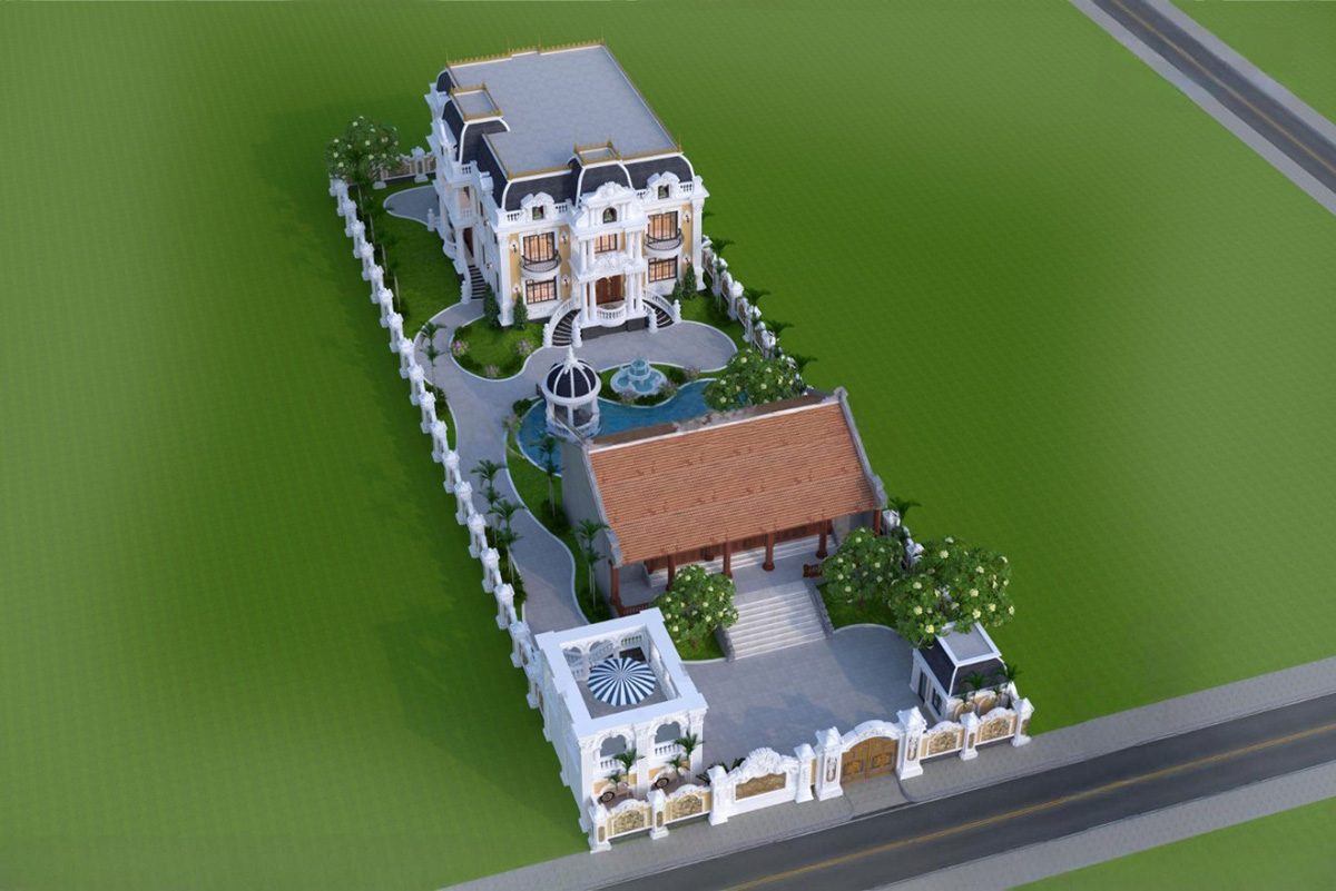 Dinh thự 2 tầng phong cách cổ điển trên khu đất rộng, bố cục đăng đối, tông trắng sang trọng.