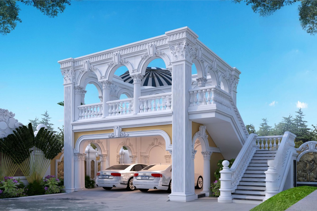 Gara ô tô thiết kế 2 tầng (dưới để xe, trên làm chòi nghỉ) là điểm nhấn hiếm gặp, đồng bộ với hàng rào – cổng nhôm đúc nghệ thuật.