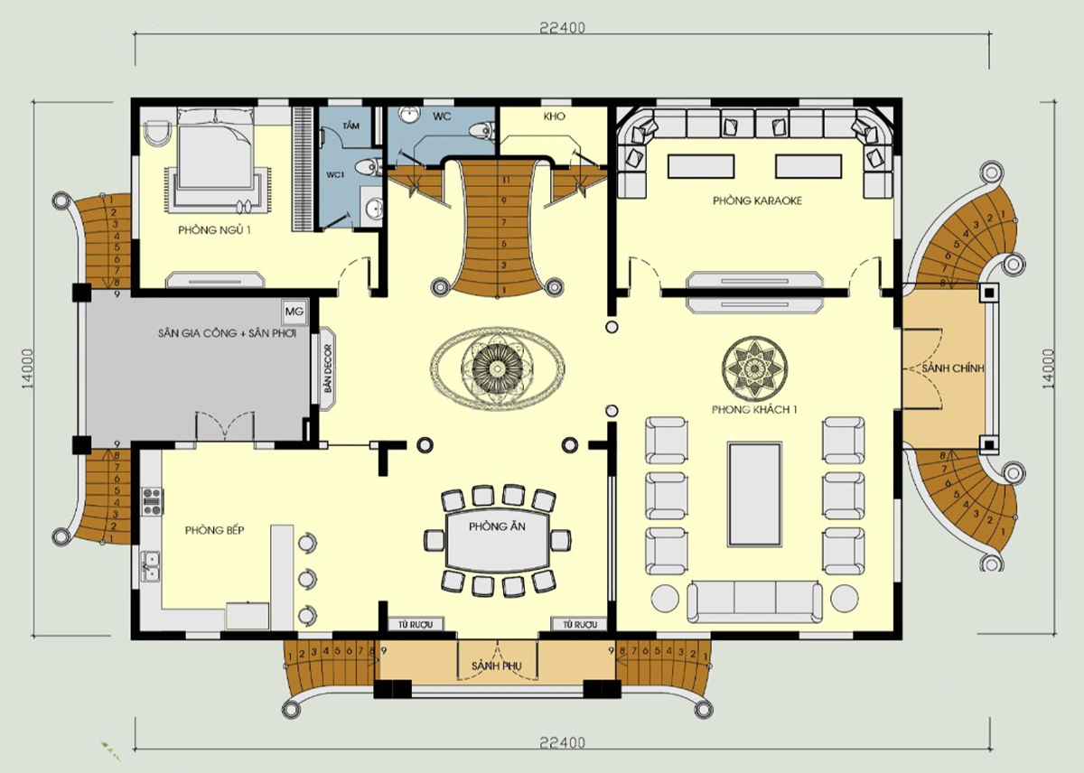 Bản vẽ biệt thự Pháp 2 tầng cổ điển có gara