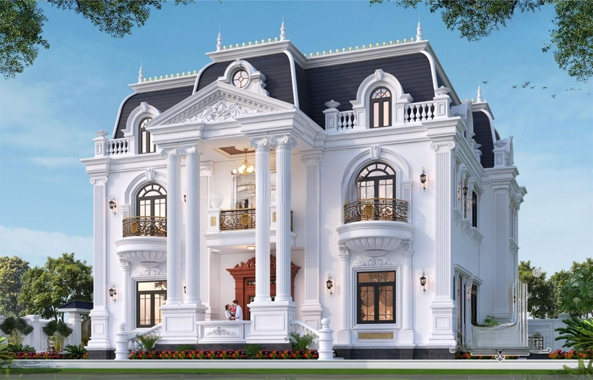 Mẫu biệt thự Pháp 2 tầng 1 tum mang phong cách tân cổ điển, kết hợp giữa hình khối vuông vắn chắc chắn và những đường nét mềm mại, uyển chuyển.