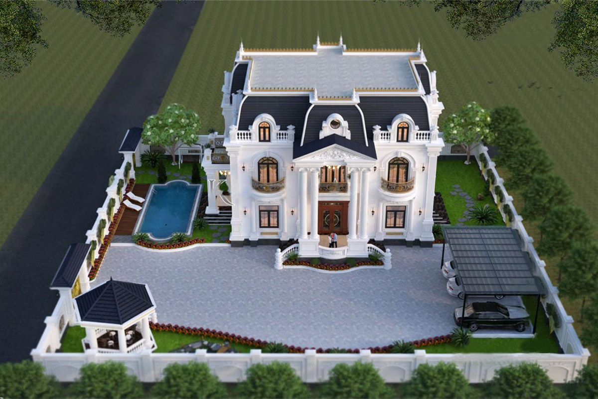 Công trình sử dụng hệ mái Mansard đồ sộ vừa tạo sự bề thế, uy nghi, vừa mở rộng thêm tầng tum tiện nghi.