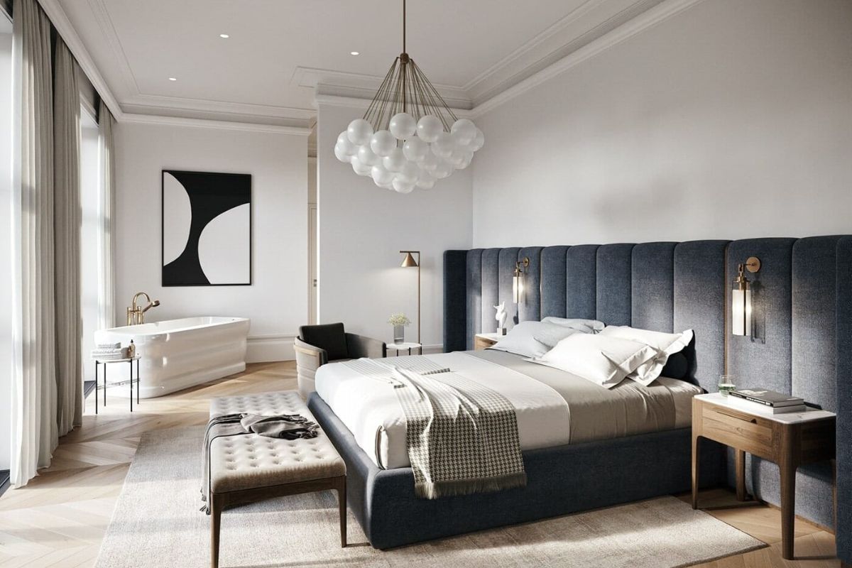 Hai bên giường cần giữ khoảng trống vừa đủ để cân bằng không gian phòng ngủ, tạo sự tiện lợi khi di chuyển (Ảnh: Sưu tầm)