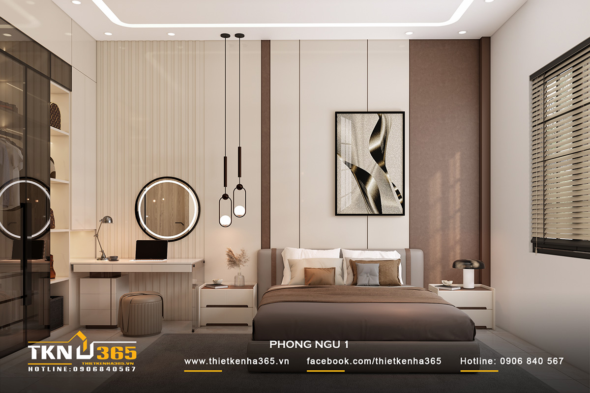 Phòng ngủ ấm áp nhờ sử dụng gam màu be - nâu, kết hợp đèn thả trần sang trọng, tinh tế