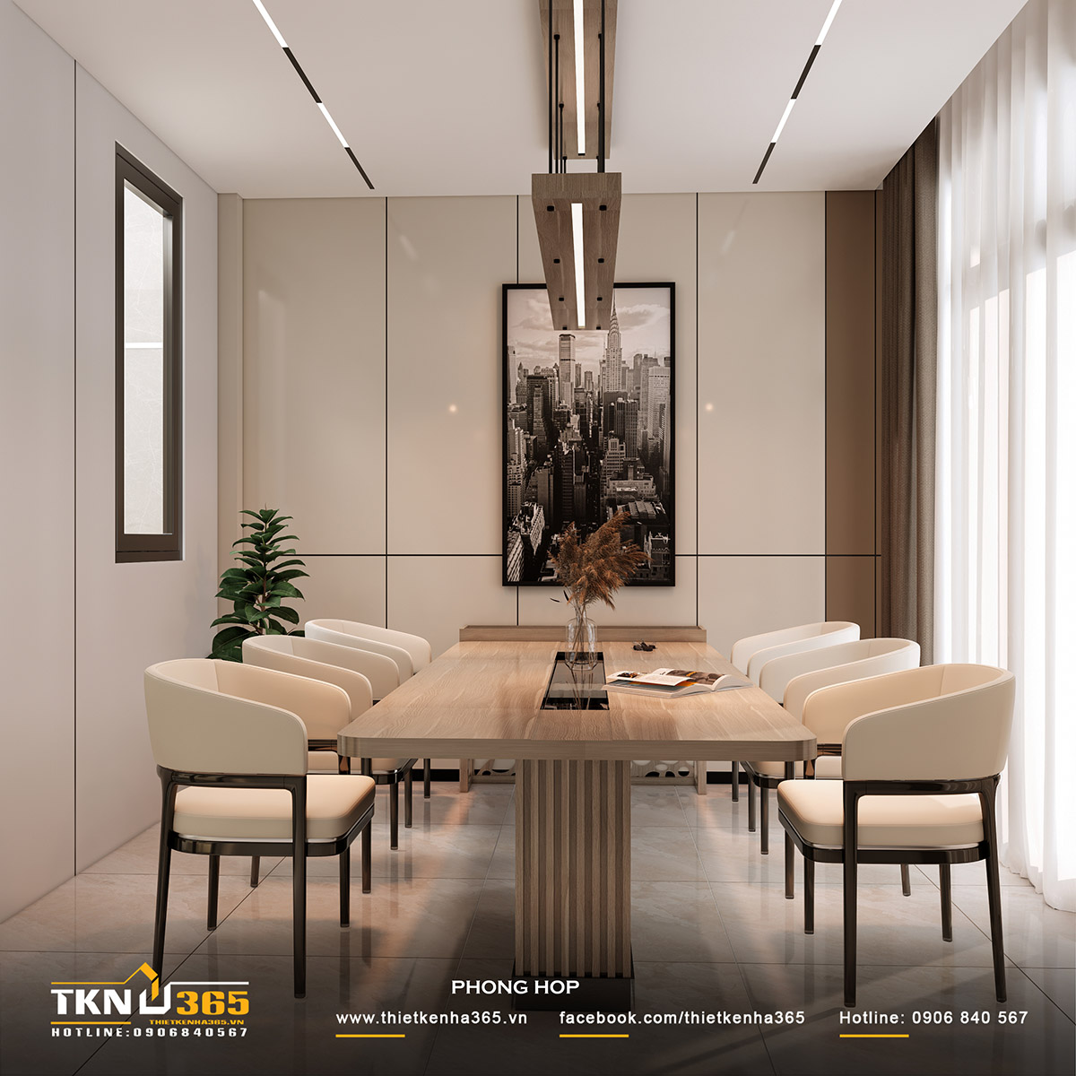 Phòng họp thoáng sáng, yên tĩnh, nội thất hiện đại sang trọng.