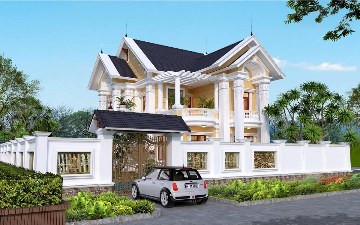 Mẫu biệt thự 2 tầng cổ điển kết hợp với m&aacute;i Th&aacute;i hiện đại, tạo n&ecirc;n một c&ocirc;ng tr&igrave;nh sang trọng v&agrave; thanh tho&aacute;t.