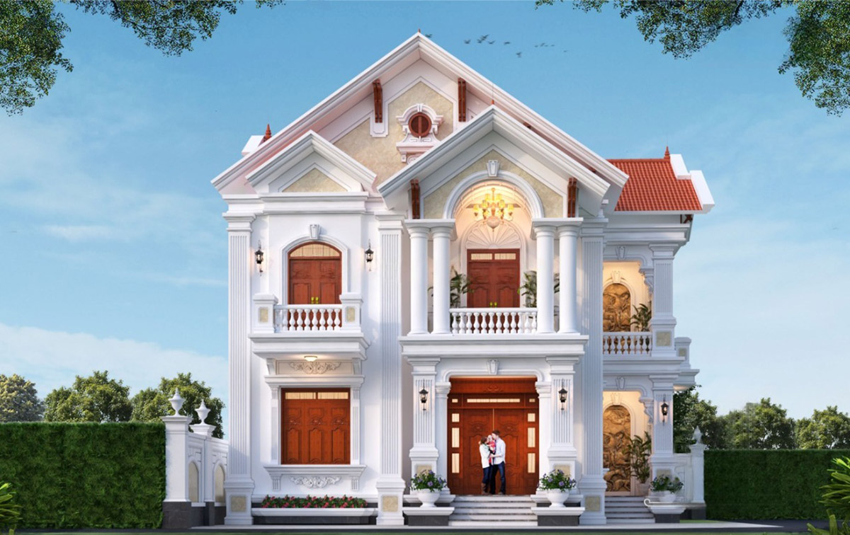 Mẫu biệt thự 2 tầng m&aacute;i Th&aacute;i 2 mặt tiền mang phong c&aacute;ch t&acirc;n cổ điển kết hợp hiện đại.