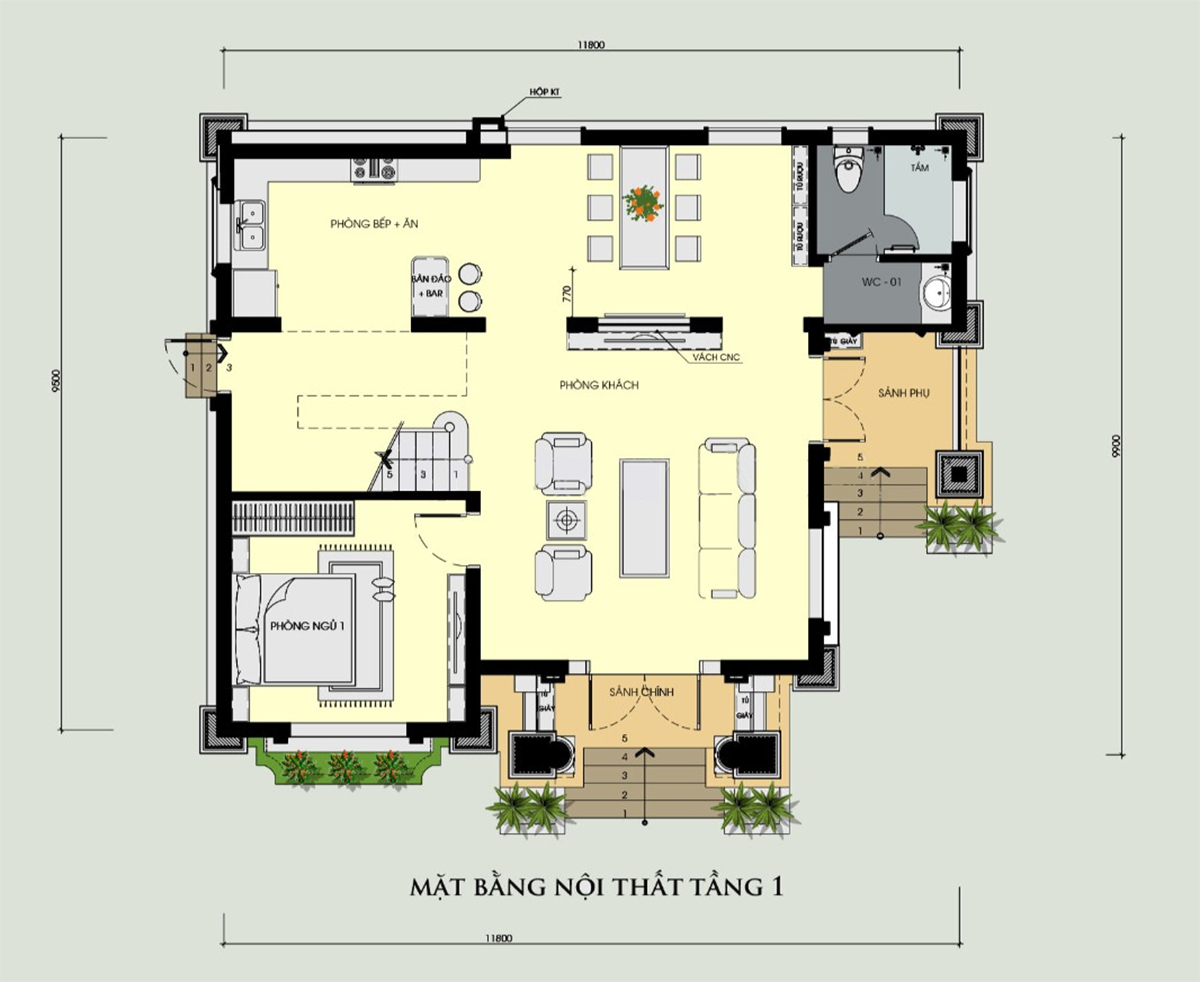Bản vẽ mẫu biệt thự 2 tầng m&aacute;i Th&aacute;i 2 mặt tiền