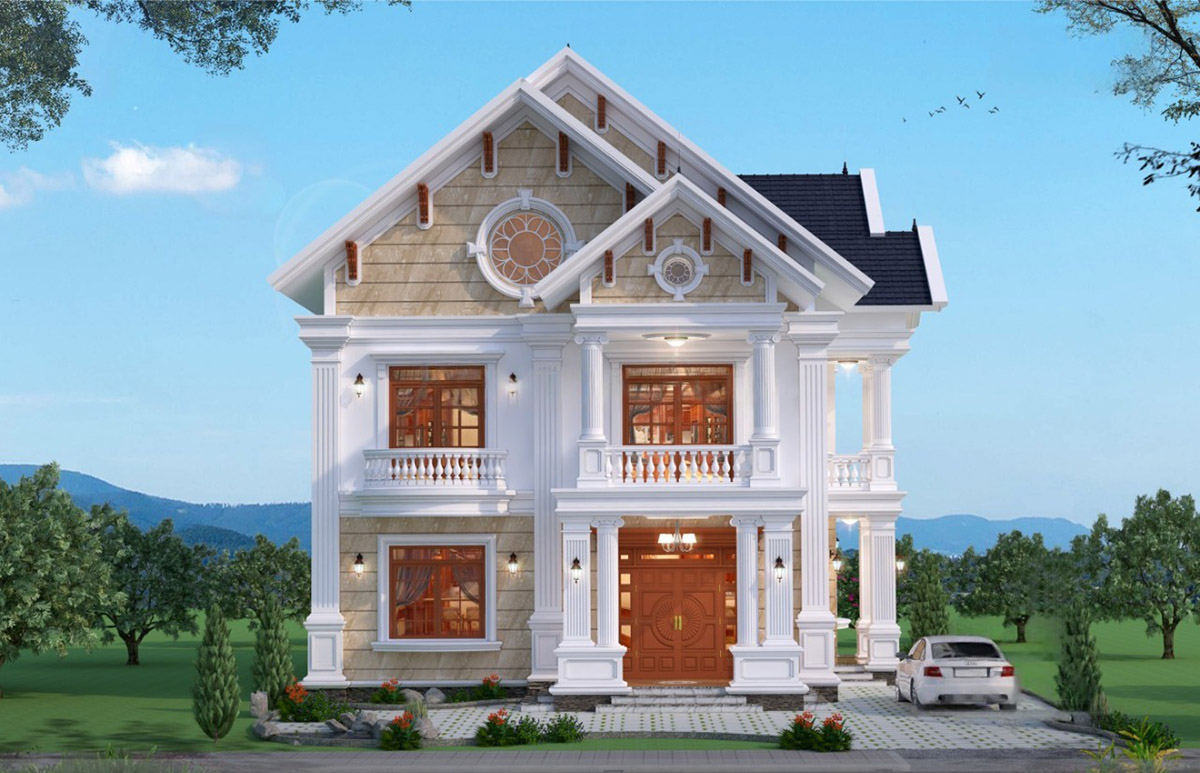 Mẫu biệt thự 2 tầng m&aacute;i Th&aacute;i 4 ph&ograve;ng ngủ mang vẻ đẹp sang trọng v&agrave; tinh tế của phong c&aacute;ch t&acirc;n cổ điển kết hợp với m&aacute;i Th&aacute;i hiện đại, ph&ugrave; hợp cho gia đ&igrave;nh c&oacute; nhu cầu sử dụng diện t&iacute;ch rộng r&atilde;i nhưng kh&ocirc;ng qu&aacute; đồ sộ.