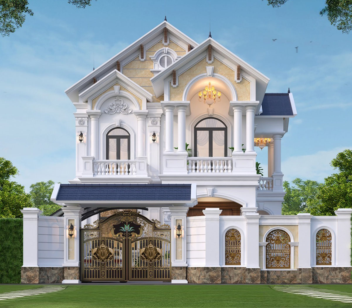 Mẫu biệt thự 2 tầng t&acirc;n cổ điển m&aacute;i Th&aacute;i được thiết kế để mang đến sự kết hợp ho&agrave;n hảo giữa phong c&aacute;ch cổ điển v&agrave; hiện đại, tạo n&ecirc;n một c&ocirc;ng tr&igrave;nh sang trọng, tinh tế.