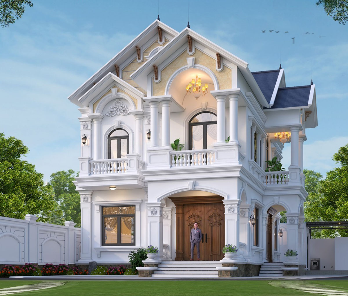 Ng&ocirc;i nh&agrave; c&oacute; mặt tiền rộng v&agrave; chiều s&acirc;u hợp l&yacute;, được bao quanh bởi s&acirc;n vườn v&agrave; hệ thống cổng tường r&agrave;o ki&ecirc;n cố, vừa đảm bảo t&iacute;nh thẩm mỹ, vừa bảo vệ sự an to&agrave;n cho gia đ&igrave;nh.