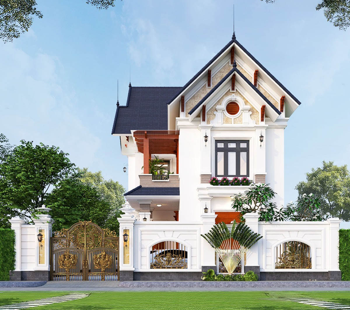 Mẫu biệt thự m&aacute;i Th&aacute;i 2 tầng hiện đại với thiết kế m&aacute;i Th&aacute;i kết hợp c&aacute;c đường n&eacute;t khỏe khoắn, đơn giản nhưng hiện đại.