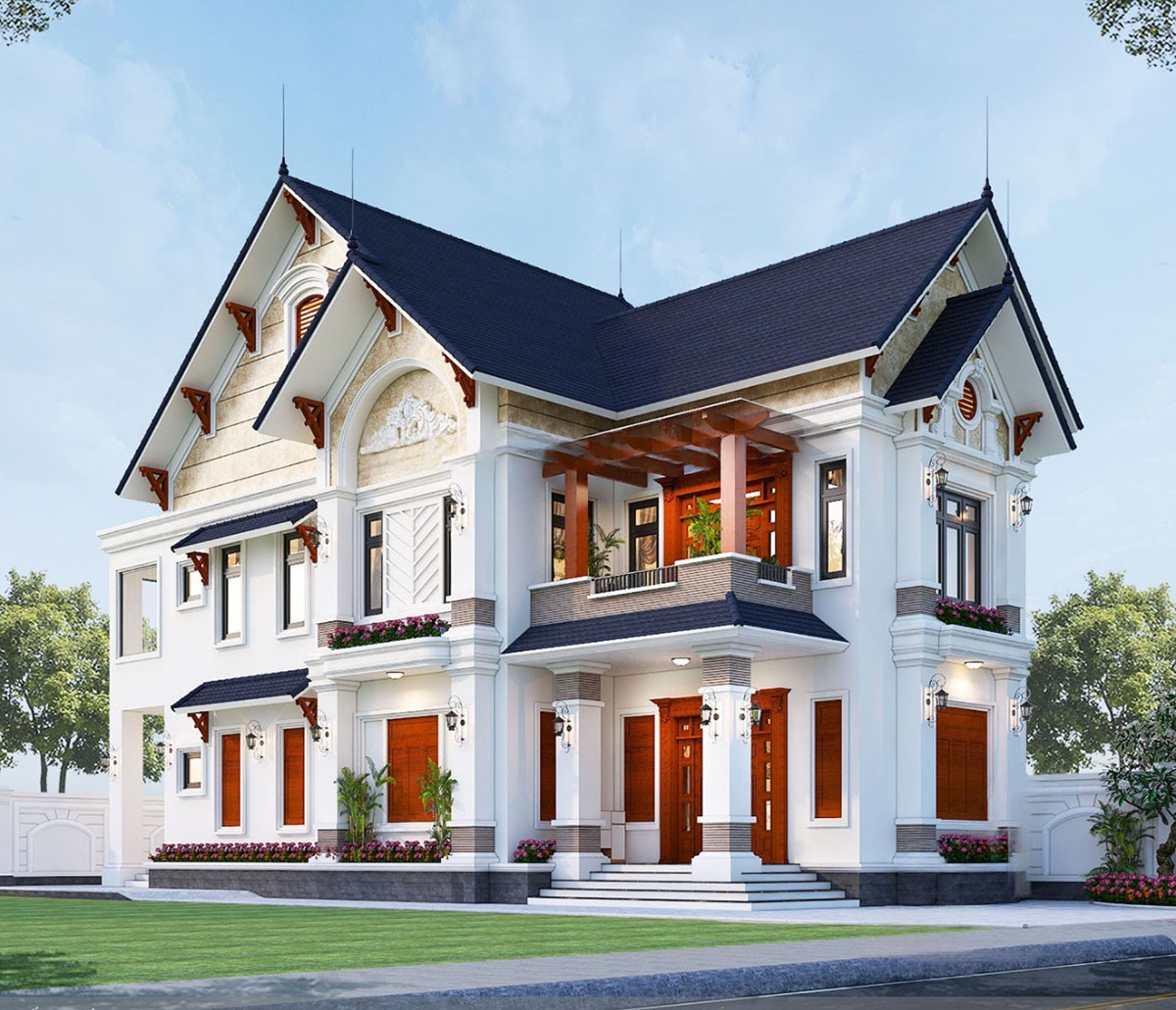 M&aacute;i th&aacute;i chữ A tạo sự thanh tho&aacute;t, chống n&oacute;ng v&agrave; tho&aacute;t nước nhanh, trong khi c&aacute;c chi tiết kiến tr&uacute;c mang đến sự sang trọng, hiện đại v&agrave; h&ograve;a hợp với thi&ecirc;n nhi&ecirc;n.