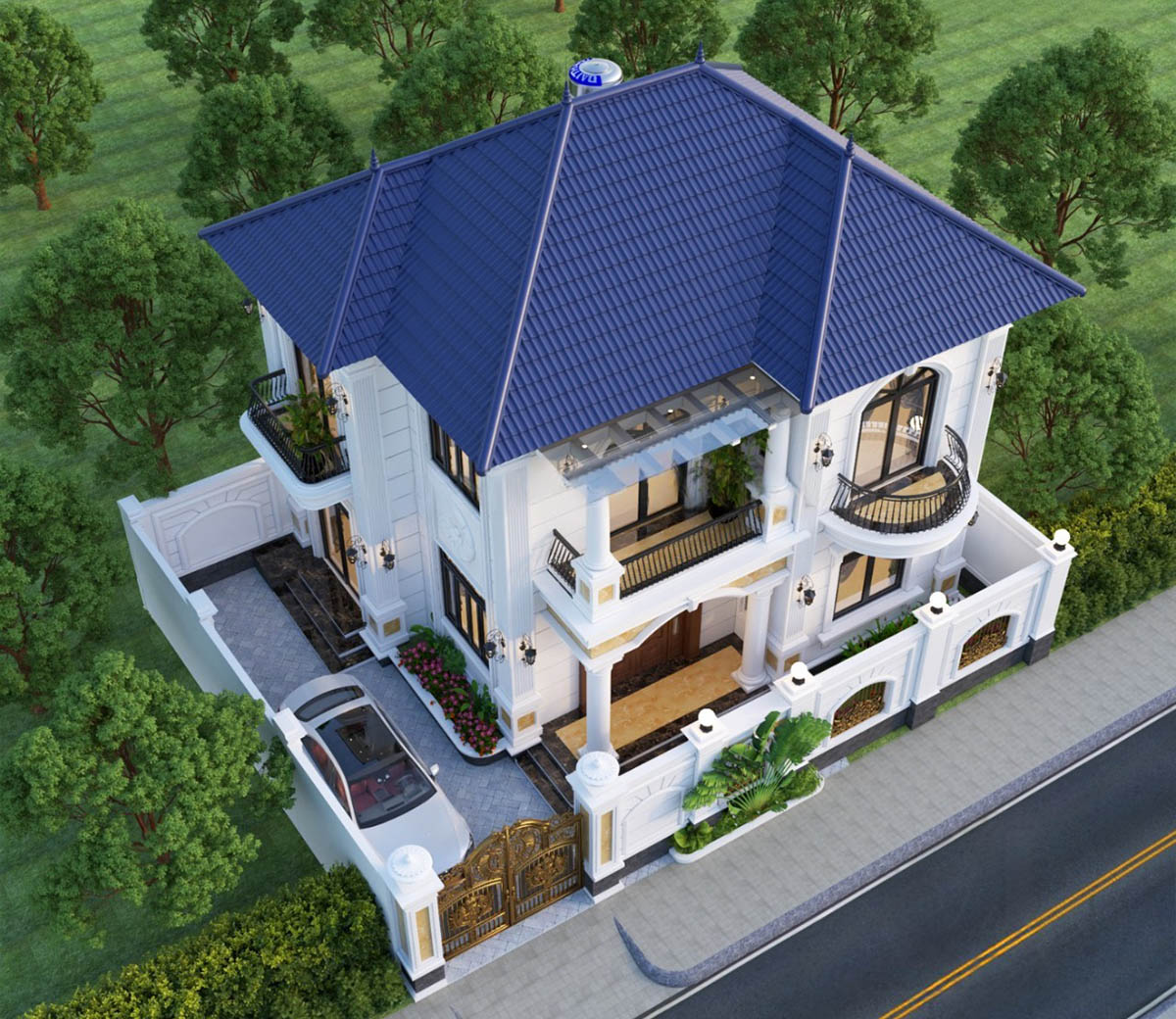 Với bố cục đăng đối, hệ cột trụ vững chãi và đường nét mềm mại, ngôi nhà mang đến vẻ đẹp sang trọng, tinh tế nhưng không kém phần ấm cúng.