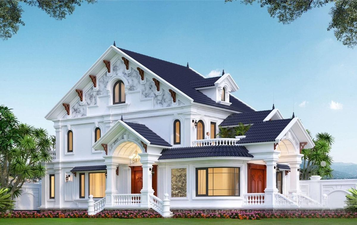 Mẫu biệt thự vườn 2 tầng m&aacute;i Th&aacute;i mang đậm ảnh hưởng của kiến tr&uacute;c t&acirc;n cổ điển ch&acirc;u &Acirc;u, kết hợp với n&eacute;t đẹp truyền thống &Aacute; Đ&ocirc;ng.  