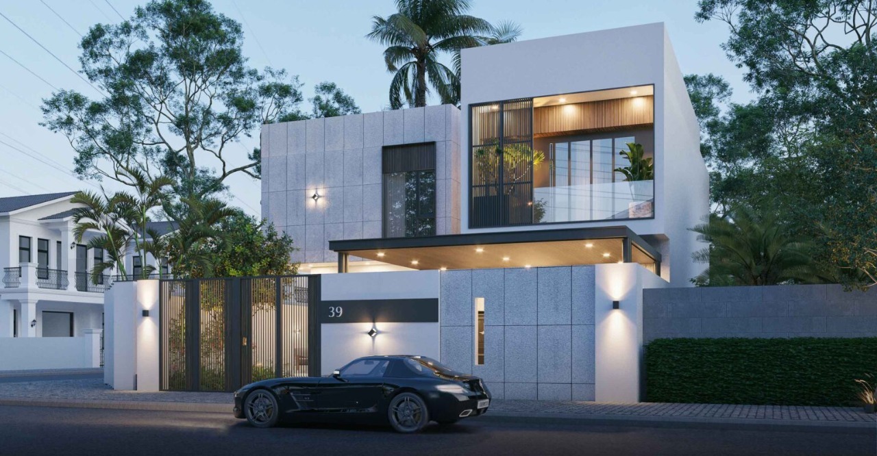 Gam màu trắng chủ đạo kết hợp cùng đá ốp vân tự nhiên và hệ kính lớn giúp công trình nổi bật, thời thượng và tràn đầy ánh sáng.