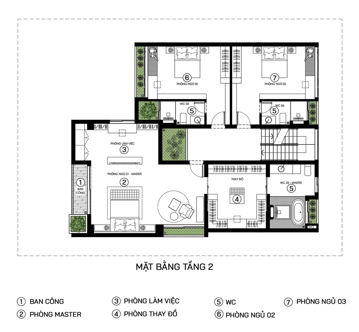 Mặt bằng công năng mẫu biệt thự 300m2 3 tầng hiện đại tầng 2