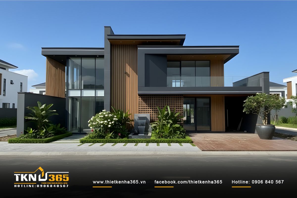 Mặt tiền biệt thự 2 tầng thiết kế hai khối nhà bất đối xứng, hình khối rõ ràng và tỷ lệ cân đối