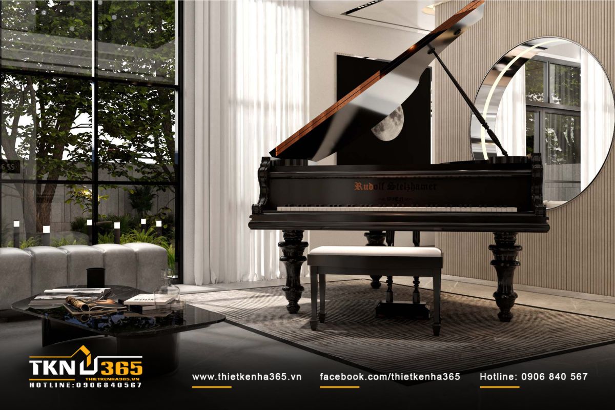 Ánh sáng tự nhiên chan hòa qua khung kính lớn, lan tỏa khắp phòng khách