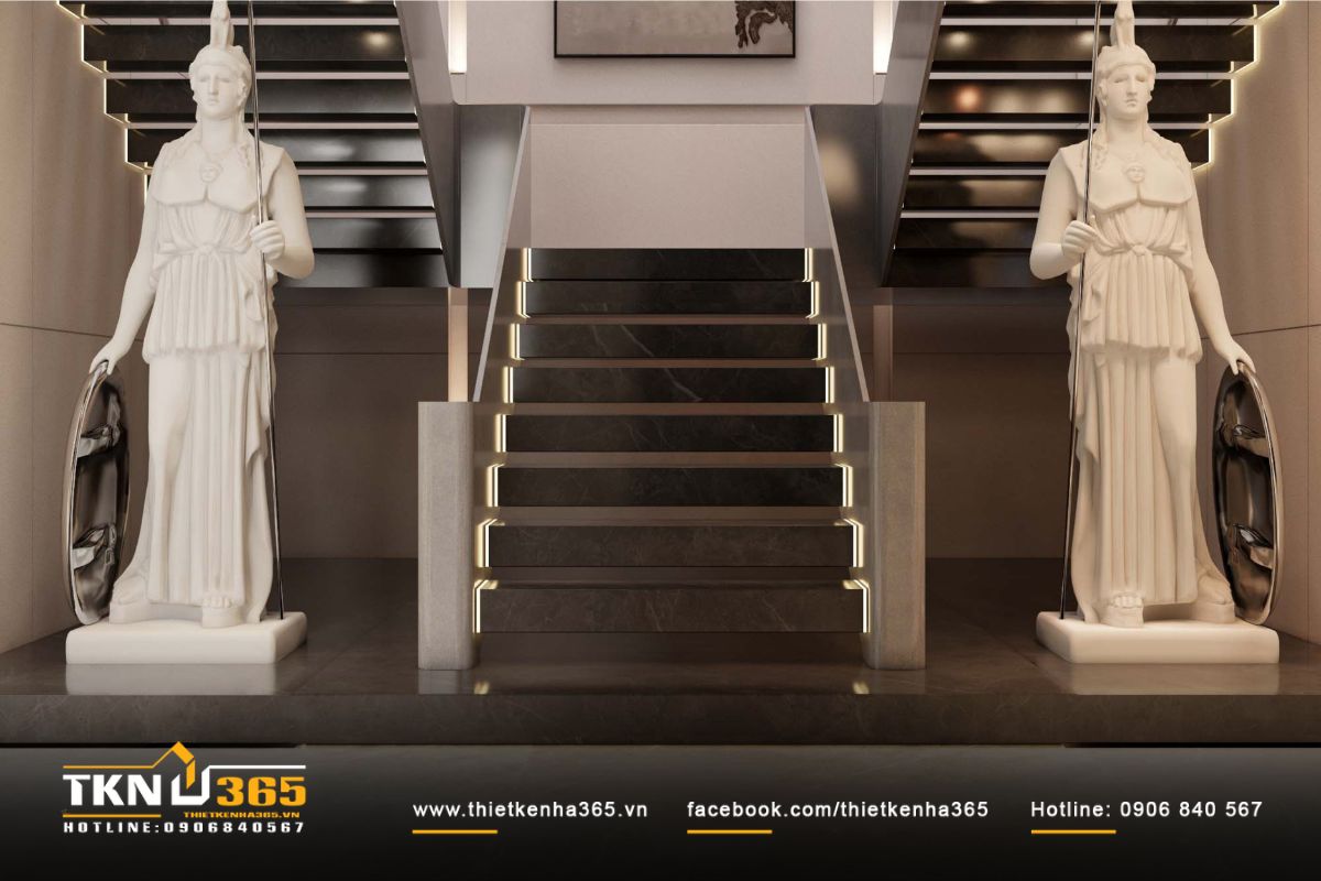 Cầu thang kết nối không gian sinh hoạt chung và khu vực nghỉ ngơi riêng tư