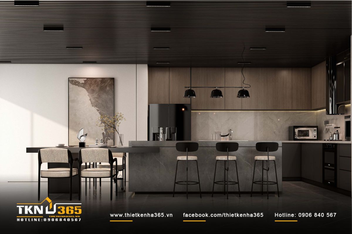 Không gian bếp - ăn liền mạch, đường nét thiết kế đơn giản nhưng đáp ứng đầy đủ tiện nghi hiện đại