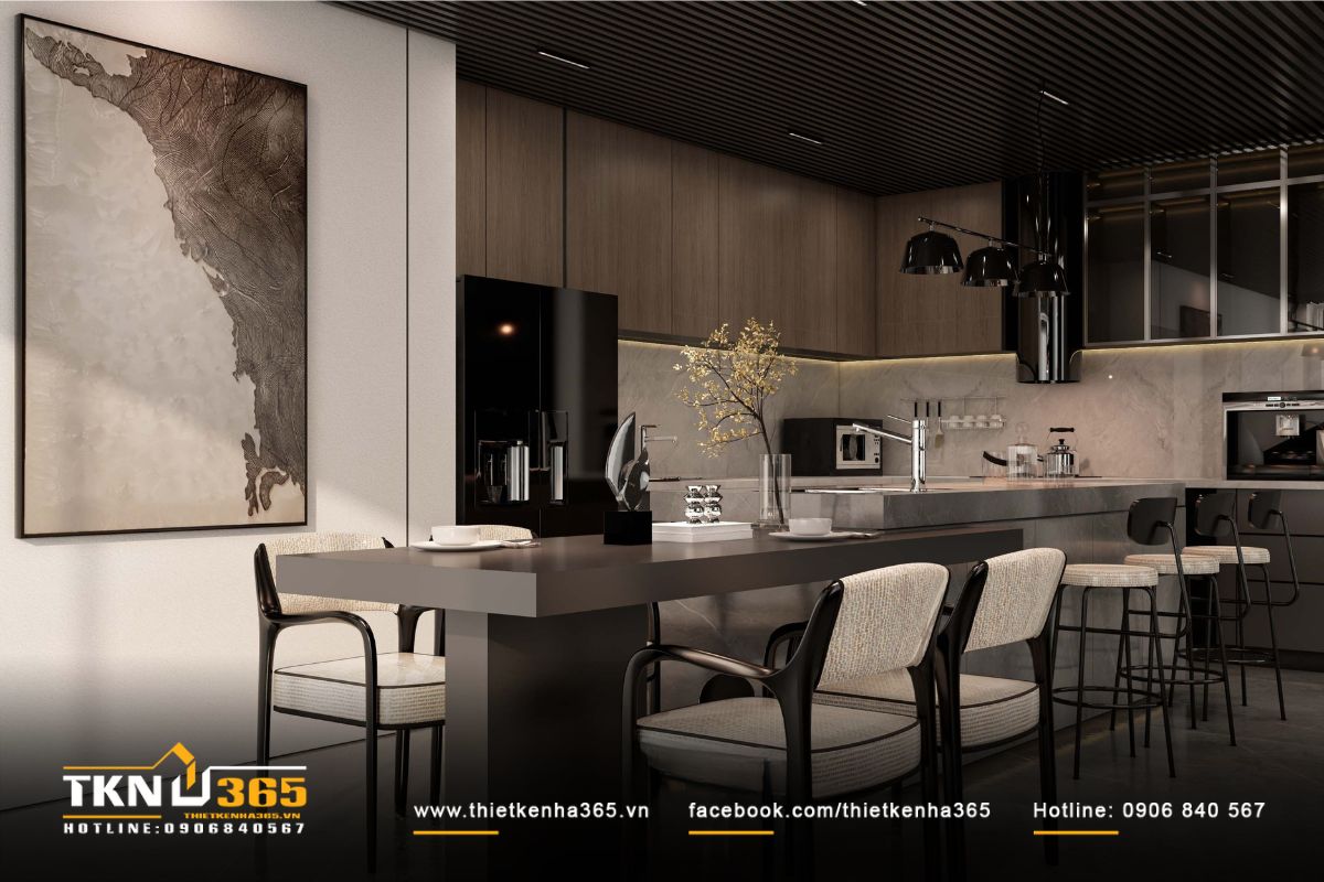 Hệ tủ bếp phẳng không tay nắm giữ vẻ tinh gọn và thống nhất trong thiết kế tổng thể