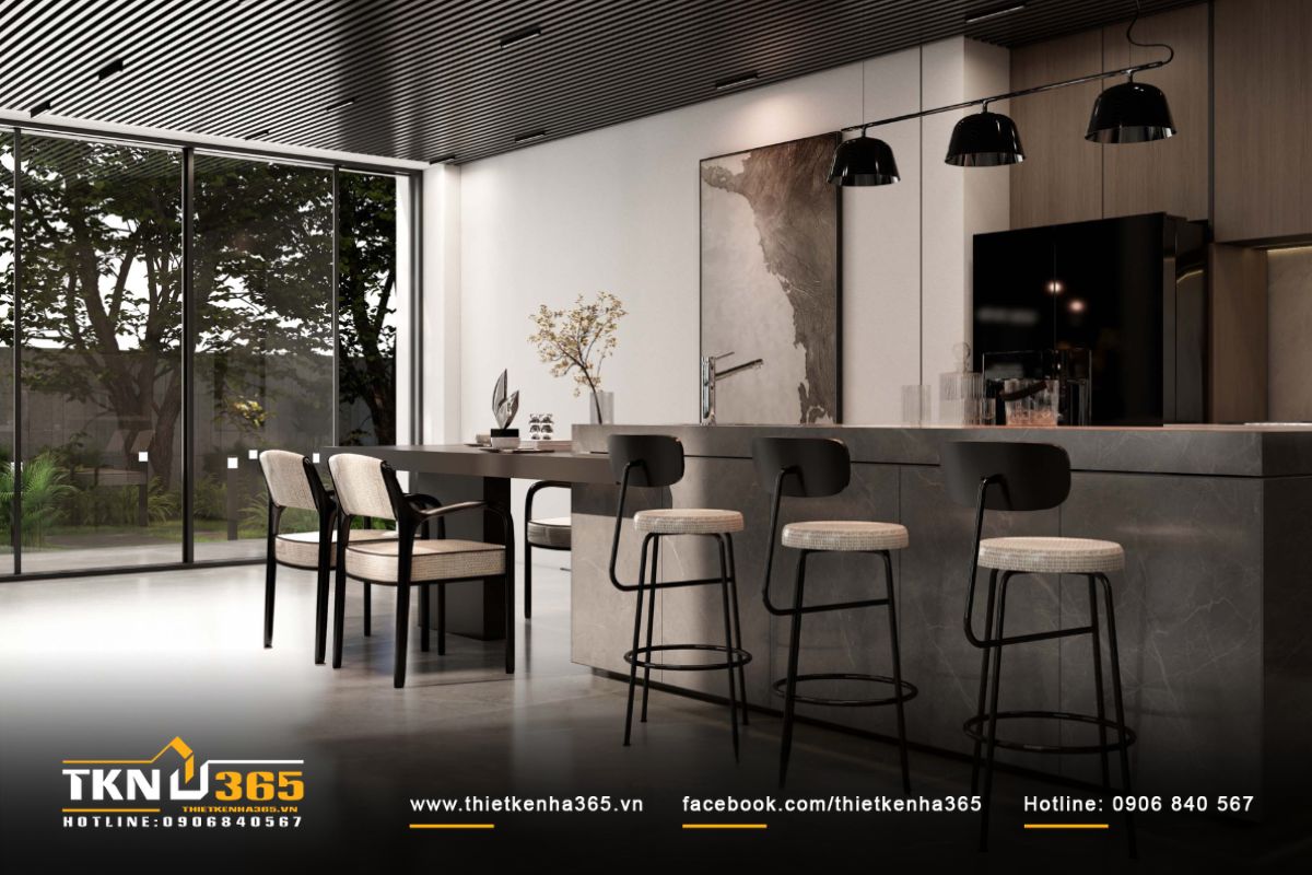 Trần lam đen mờ kết hợp đèn thả kim loại sang trọng và hiện đại