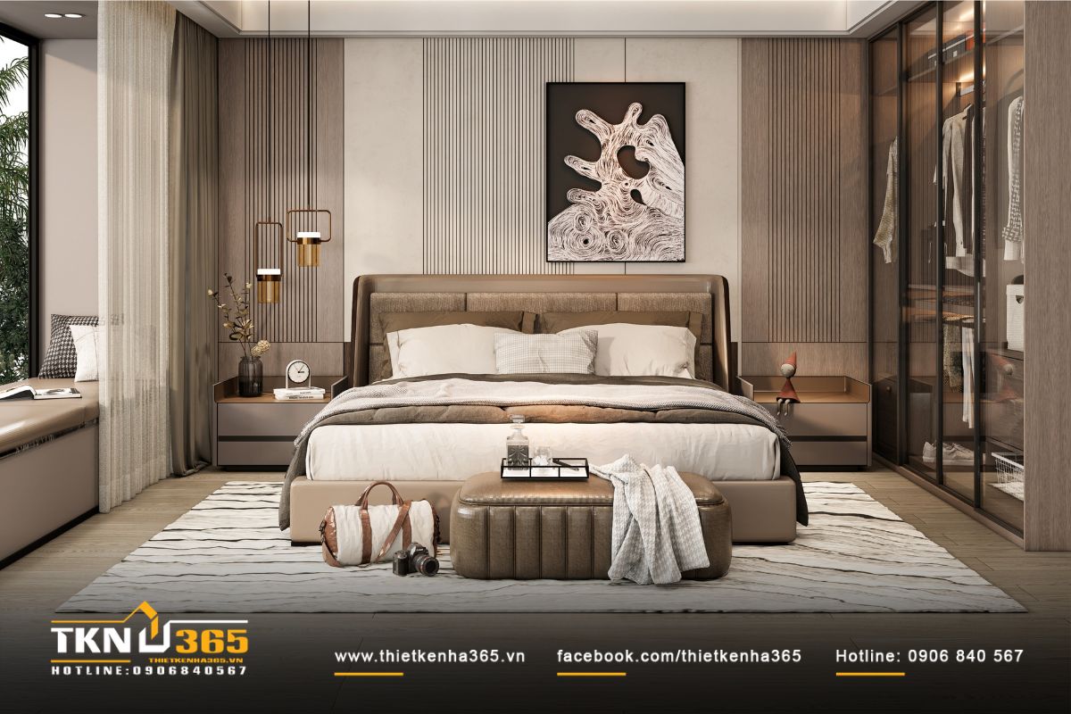 Phòng ngủ phụ sử dụng gam màu sáng, rèm voan trắng và nội thất nhẹ nhàng thanh thoát