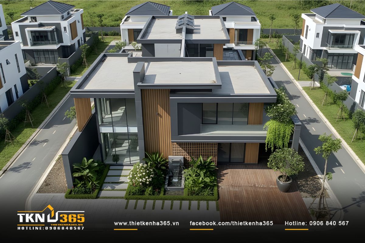 Góc nhìn từ trên cao cho thấy bố cục mạch lạc, khoảng sân và mảng xanh được tổ chức hợp lý