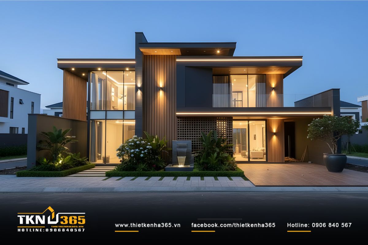 Buổi chiều, ánh sáng vàng hắt qua lam gỗ và kính, tôn lên vẻ đẹp sang trọng, bình yên của công trình