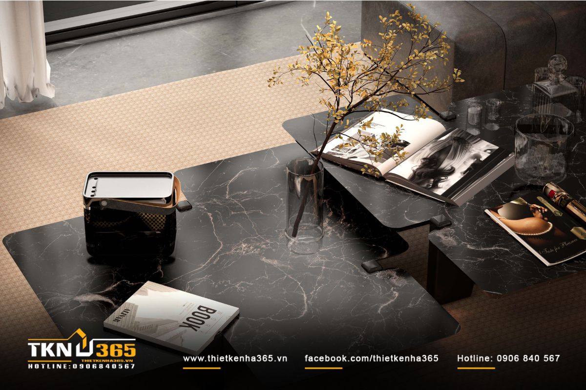 Bàn trà mặt đá đen vân mây, điểm xuyết lọ hoa và tạp chí mang hơi thở nghệ thuật
