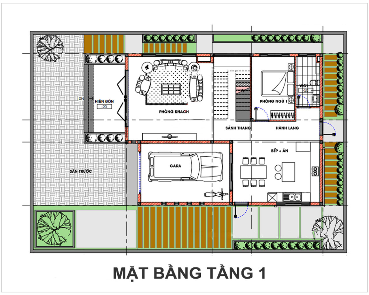 Mặt bằng công năng mẫu biệt thự mini 2 tầng mái Nhật 120m2 4 phòng ngủ tầng 1