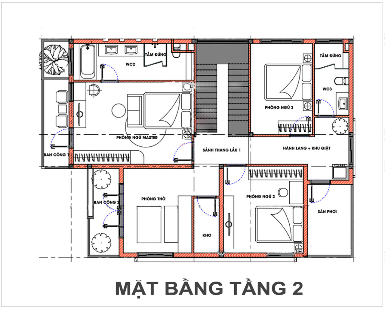 Mặt bằng công năng mẫu biệt thự mini 2 tầng mái Nhật 120m2 4 phòng ngủ tầng 2