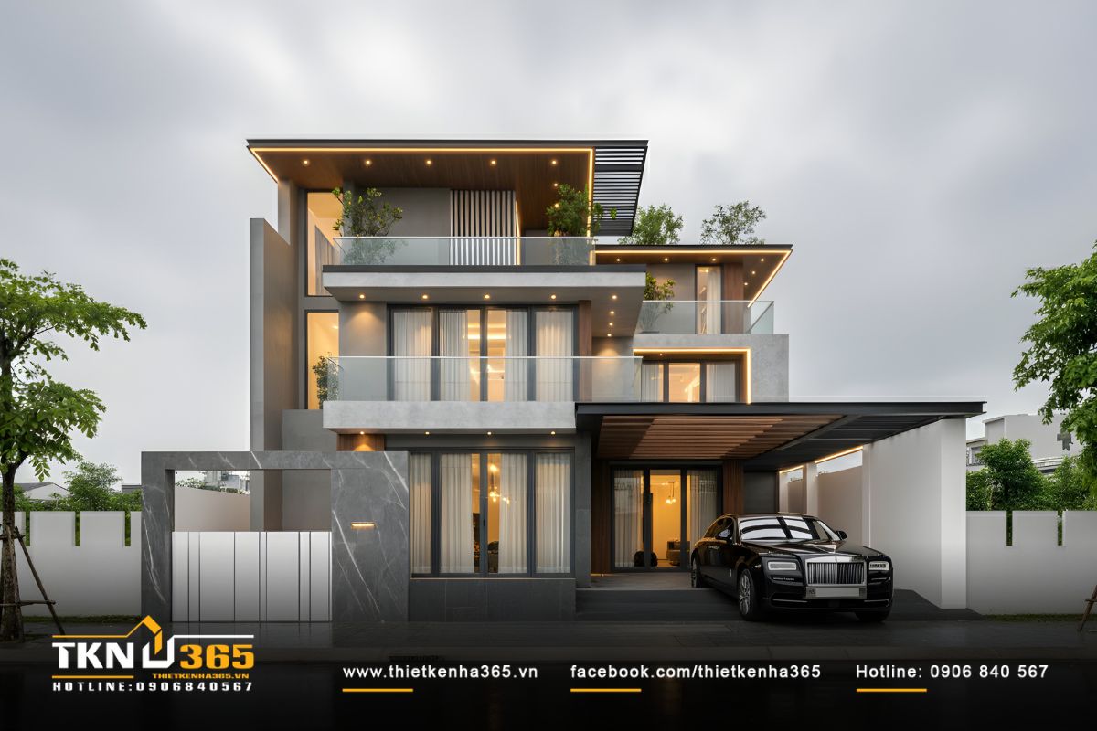 Biệt thự 3 tầng sở hữu khối nhà vững chãi, ánh đèn vàng hắt dọc mái đua mỏng nhẹ