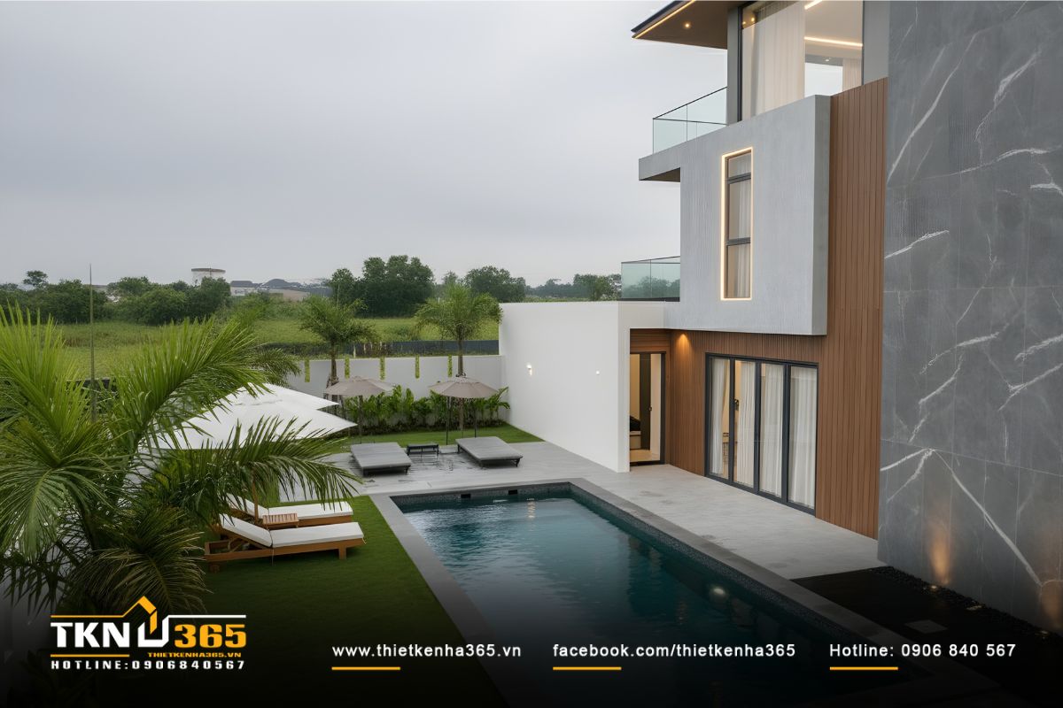 Mặt bên công trình xử lý bằng các mảng tường đá xám và gỗ ốp dọc, giúp công trình thích nghi bền vững với thời tiết nắng nóng tại địa phương