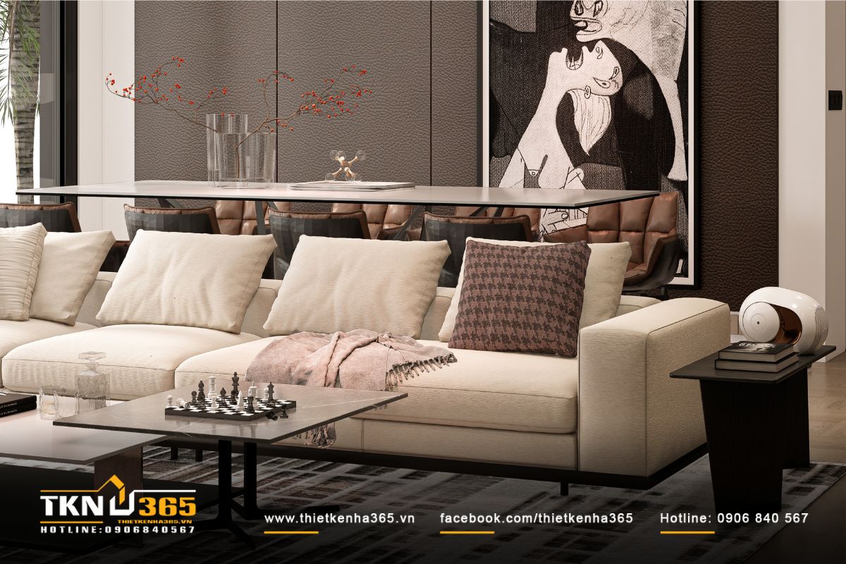 Màu be và nâu ấm đóng vai trò phông nền, tôn lên hình khối nội thất mềm mại cùng chi tiết trang trí tối giản, tinh tế