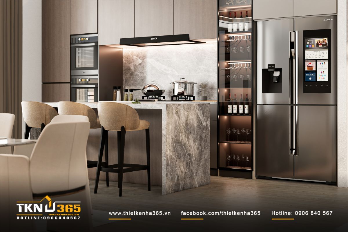 Tủ bếp bố trí khoa học với thiết bị âm tường, giúp tổng thể gọn gàng, thẩm mỹ và thuận tiện khi sử dụng
