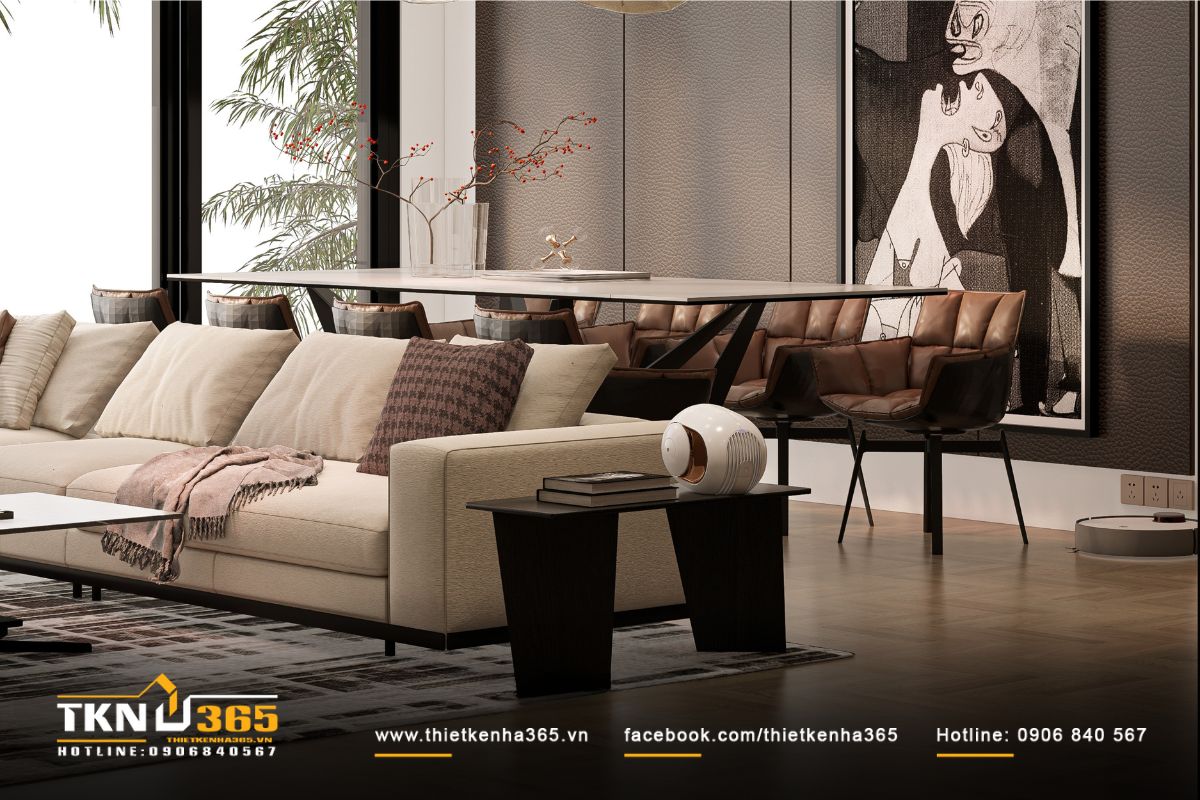 Không gian sinh hoạt chung còn thu hút sự chú ý với tranh treo tường độc đáo