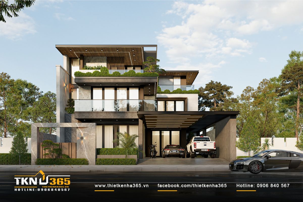 Cấu trúc mặt đứng hiện đại, ban công kính và hệ lam nhôm giúp giảm bức xạ nhiệt, mang lại diện mạo thanh thoát