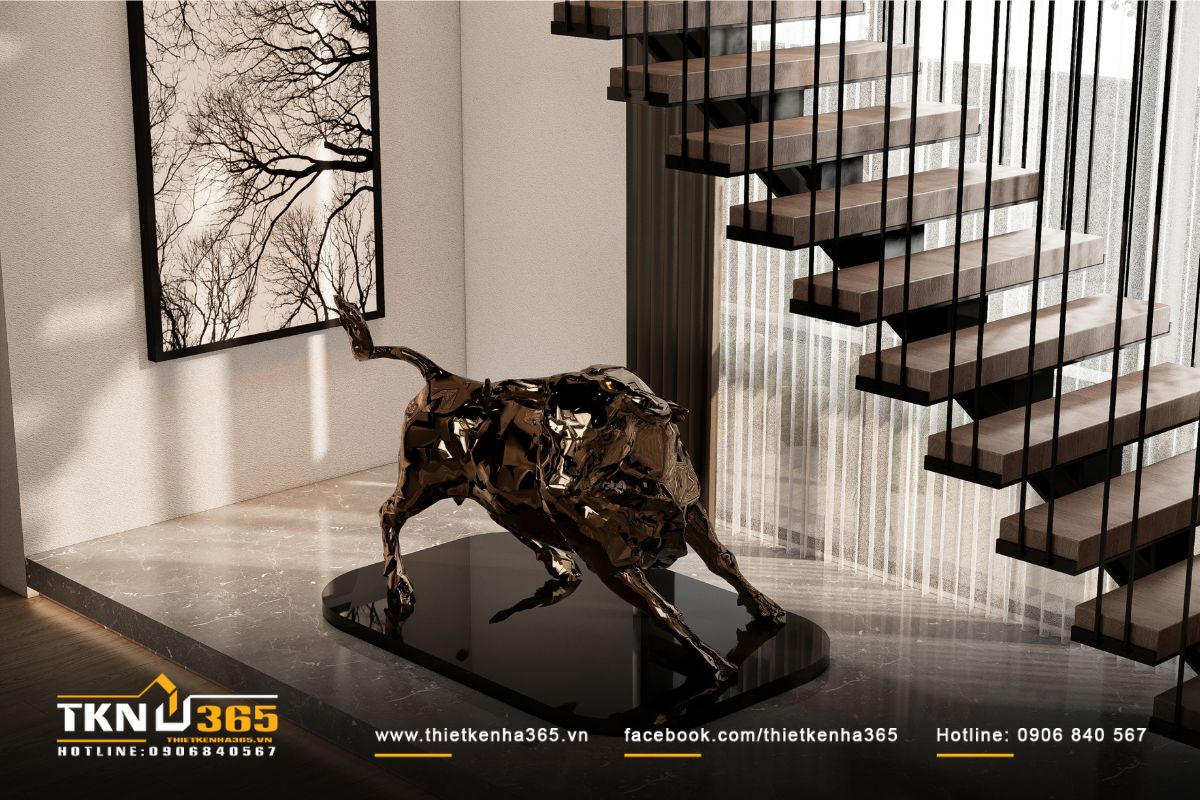 Tác phẩm điêu khắc bằng đồng dưới gầm cầu thang trở thành điểm nhấn nghệ thuật cực kỳ thu hút